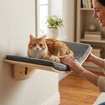 hamac mural pour chat structure en bois et matelas gris avec chat installé dessus et sa propiétaire à côté souriante