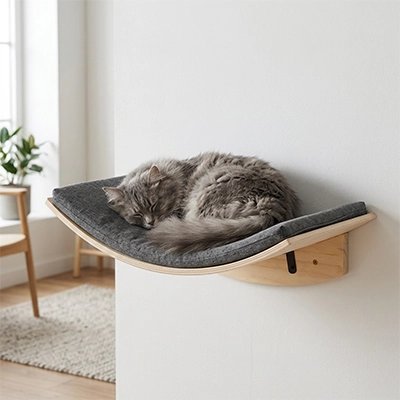 hamac mural pour chat structure en bois et matelas gris avec chat qui dort dessus
