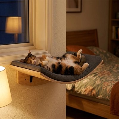 hamac mural pour chat structure en bois et matelas gris avec chat qui dort dessus le soir 