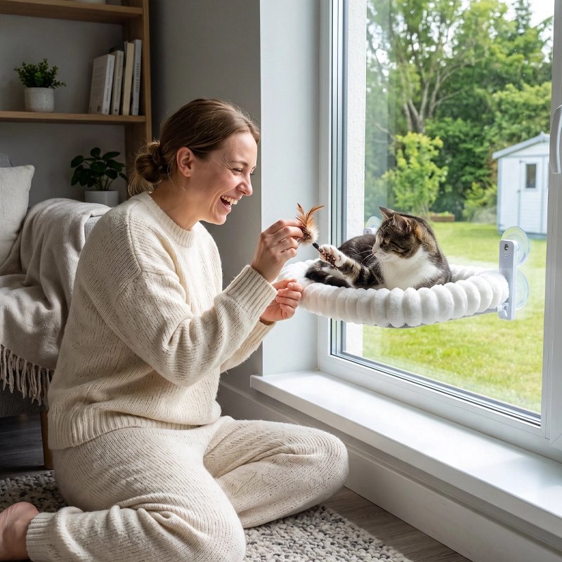 Hamac fenetre Chat avec ventouse, tissu doux, couleur blanc, avec un chat dessus et sa propriétaire qui joue avec lui