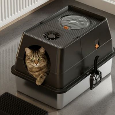 Bac à litière chat - En acier inoxydable avec couvercle