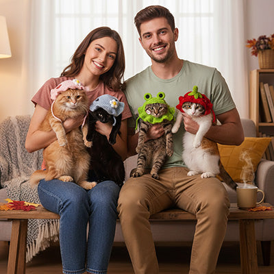 Déguisement pour Chat bonnet en tricot porté par plusieurs chats.