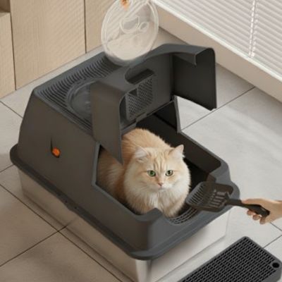 Bac à litière chat - En acier inoxydable avec couvercle