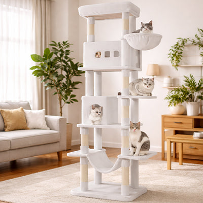 4 chats installé sur un arbre à chat  XXL de couleur blanche 