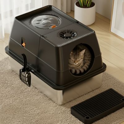 Bac à litière chat - En acier inoxydable avec couvercle