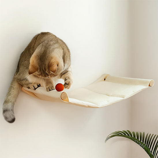 hamac pour chat mural ludique, structure en bois naturel, stimule le jeu et l’activité du chat