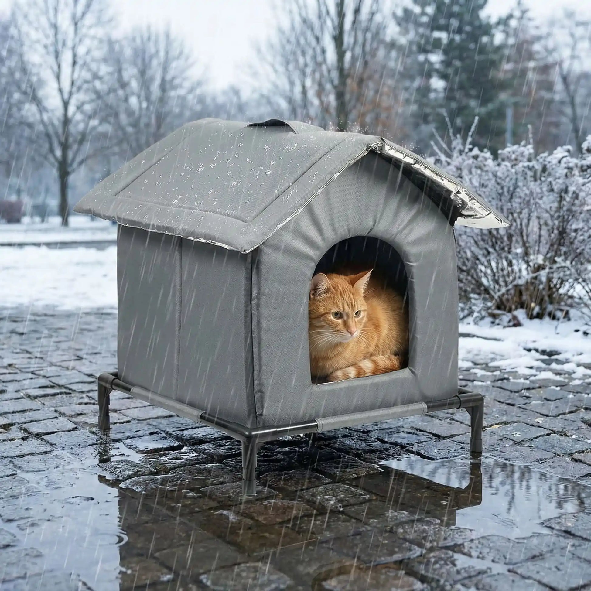 Niche pour chat extérieur grise avec toit incliné, chat à l'intérieur regardant par la porte arquée, montée sur plateforme surélevée