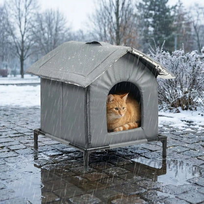 Niche pour chat extérieur grise avec toit incliné, chat à l'intérieur regardant par la porte arquée, montée sur plateforme surélevée