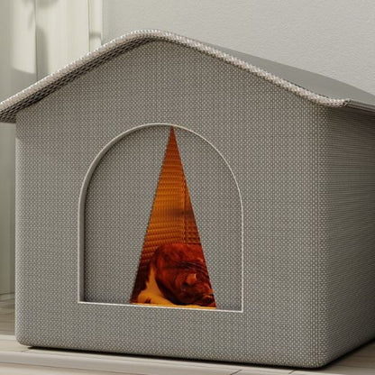 Niche pour chat extérieur grise avec porte arquée et intérieur chaleureux et confortable.