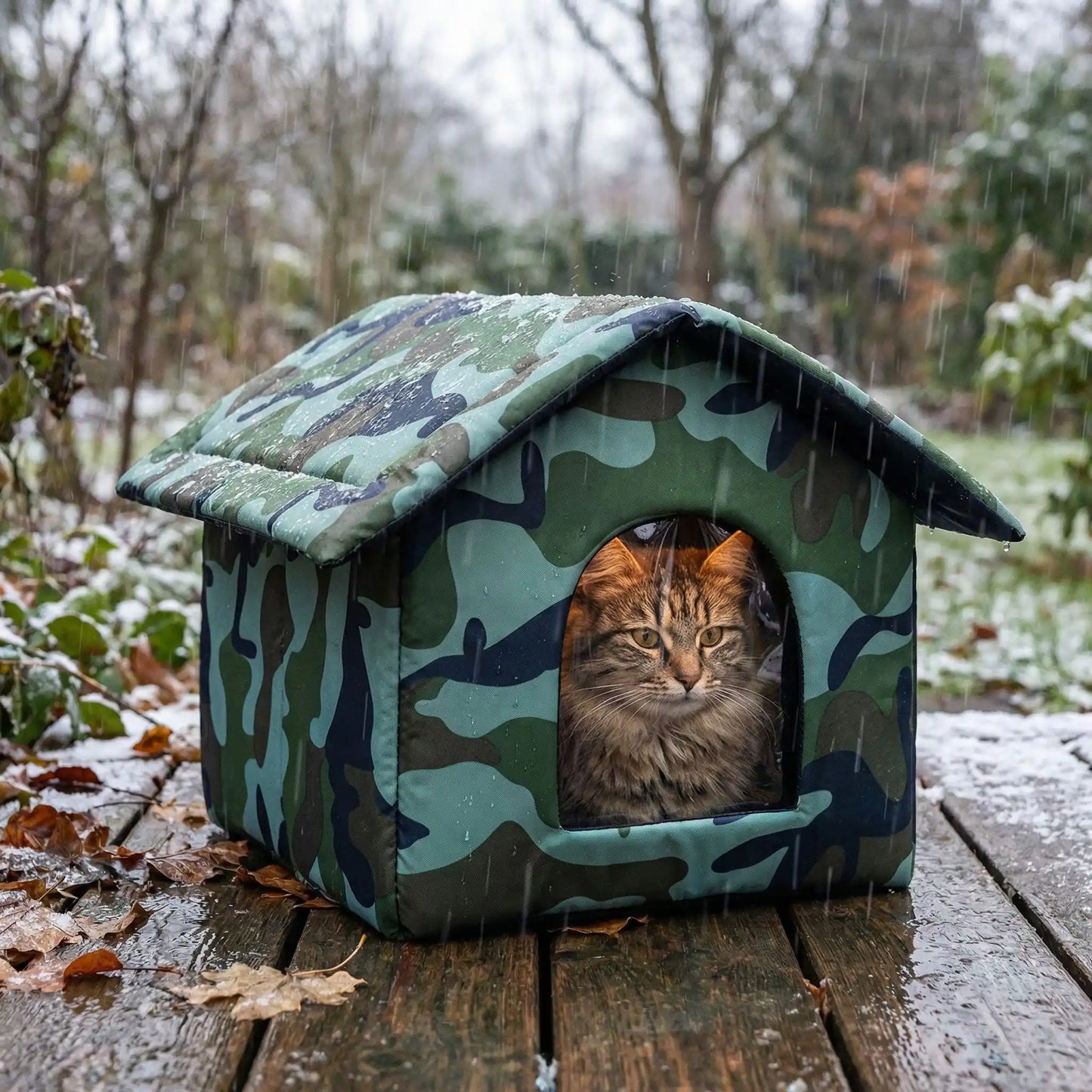 Une niche pour chat extérieur hiver qui abrite un chat de la pluie. 