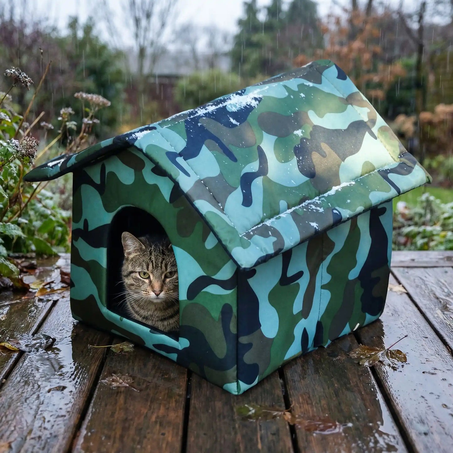 Une niche pour chat extérieur qui abrite un chat de la plui et de la neige