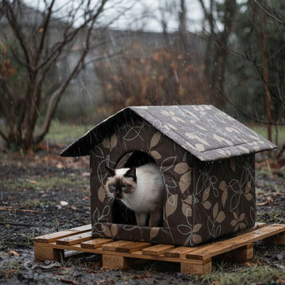 Niche pour chat extérieur en tissu motif feuilles avec chat siamois blanc et noir sous averse, posée sur palette boisée dans un jardin automnal pluvieux
