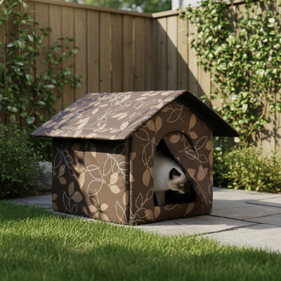 Niche pour chat extérieur en tissu motif feuilles avec chatsiamois observant de l'entrée ouverte, installée sur pelouse verdoyante en jardin.